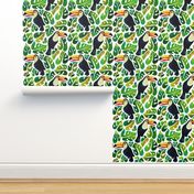 Watercolor toucans with monstera leaves - white