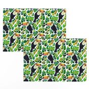 Watercolor toucans with monstera leaves - white