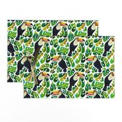 Watercolor toucans with monstera leaves - white