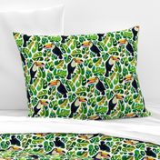 Watercolor toucans with monstera leaves - white