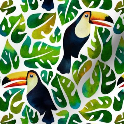 Watercolor toucans with monstera leaves - white