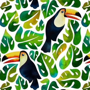 Watercolor toucans with monstera leaves - white