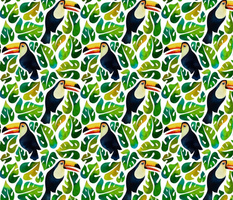 Watercolor toucans with monstera leaves - white