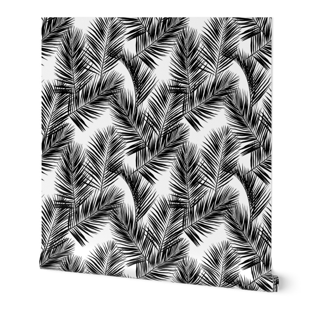 palm leaves - black on white, small. silhuettes tropical forest black white hot summer palm plant tree leaves fabric wallpaper giftwrap