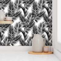 palm leaves - black on white, small. silhuettes tropical forest black white hot summer palm plant tree leaves fabric wallpaper giftwrap