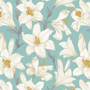 Vintage flowers. White royal lilies on a mint background