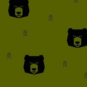 bear head geometric bears - black on olive green
