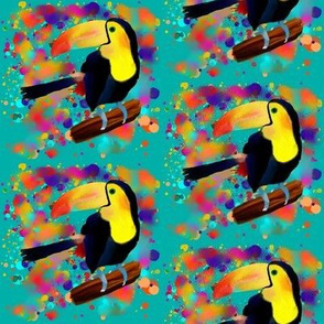 PAINTED TOUCAN and PAINTING SPLASH SPRAY COLORS ON TURQUOISE BLUE