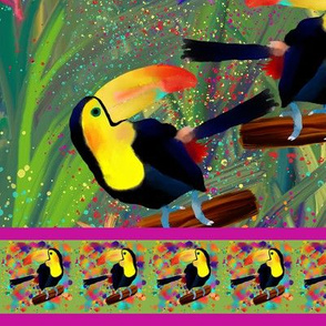 RAINFOREST TOUCAN Stripes Large BIRD EXOTIC FLOWERS JUNGLE