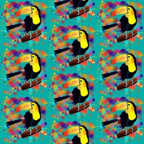 PAINTED TOUCAN SMALL and PAINTING SPLASH SPRAY COLORS ON TURQUOISE BLUE