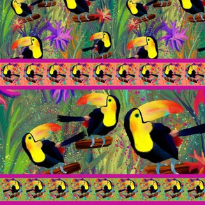 RAINFOREST TOUCAN Stripes Medium BIRD EXOTIC FLOWERS JUNGLE