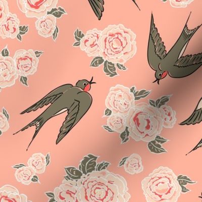 Swallows and peonies