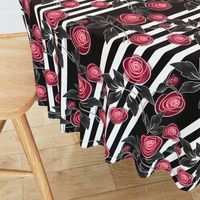 Watercolor red roses on striped black and white background