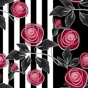 Watercolor red roses on striped black and white background