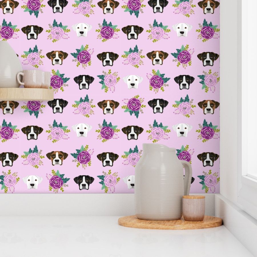 boxer dog fabric boxer dogs fabric boxer heads design - purple flowers