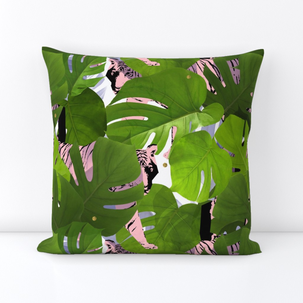 Green Monstera Leaves and Blush Pink Tigers Big Size / Crouching Tiger Hidden Golden Sparkles by Minikuosi