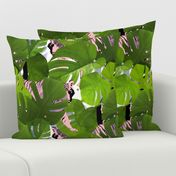 Green Monstera Leaves and Blush Pink Tigers Big Size / Crouching Tiger Hidden Golden Sparkles by Minikuosi