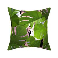 Green Monstera Leaves and Blush Pink Tigers Big Size / Crouching Tiger Hidden Golden Sparkles by Minikuosi