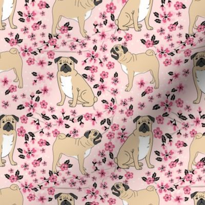 pug dog fabric cherry blossom spring fabric - cute dog design - blossom pink