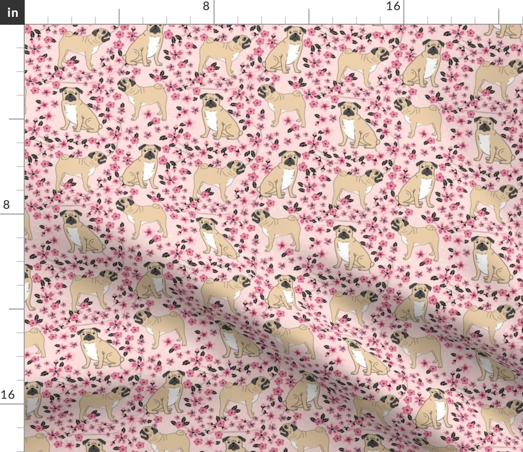 pug dog fabric cherry blossom spring fabric - cute dog design - blossom pink