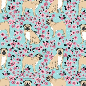 pug dog fabric cherry blossom spring fabric - cute dog design - lite blue