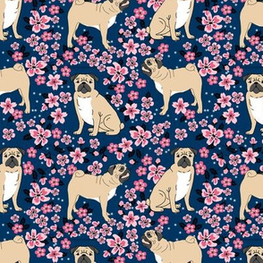 pug dog fabric cherry blossom spring fabric - cute dog design - navy
