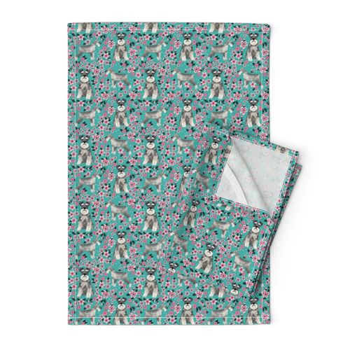 schnauzer dog fabric cherry blossom spring fabric - cute dog design - turquoise