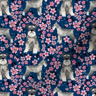 schnauzer dog fabric cherry blossom spring fabric - cute dog design - navy