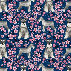 schnauzer dog fabric cherry blossom spring fabric - cute dog design - navy