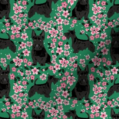 scottie dog dog fabric cherry blossom spring fabric - cute dog design - kelly green