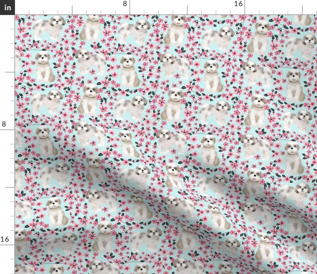 shih tzu dog fabric cherry blossom spring fabric - cute dog design - lite blue