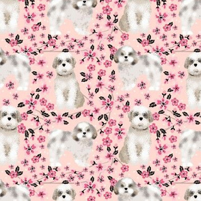 shih tzu dog fabric cherry blossom spring fabric - cute dog design - blossom pink