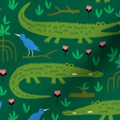 Amazon rainforest crocodile and blue bird