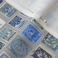 Blue stamp collection: international stamps on neutral grey