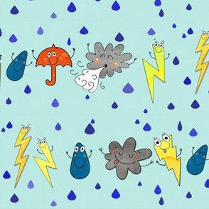 Storm dance party - lightning, wind clouds and rain drops