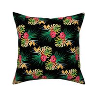 Tropical Hibiscus Palm Leaf Frawn Flowers Water Color on Black Monstera