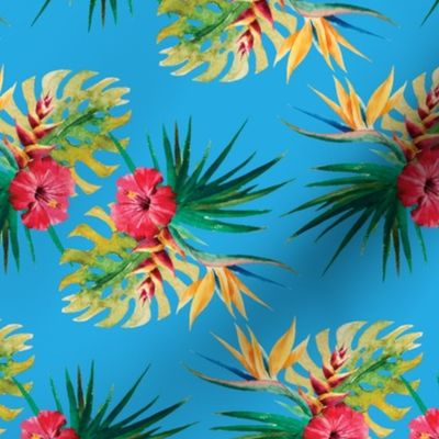 Tropical Hibiscus Palm Leaf Frawn Flowers Water Color on Blue