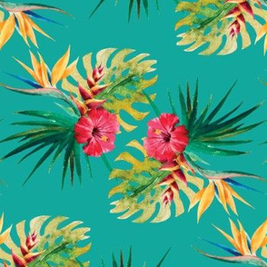 Tropical Hibiscus Palm Leaf Frawn Flowers Water Color on Teal