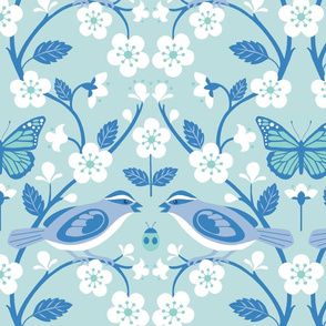 sparrow and cherry blossoms blue/aqua