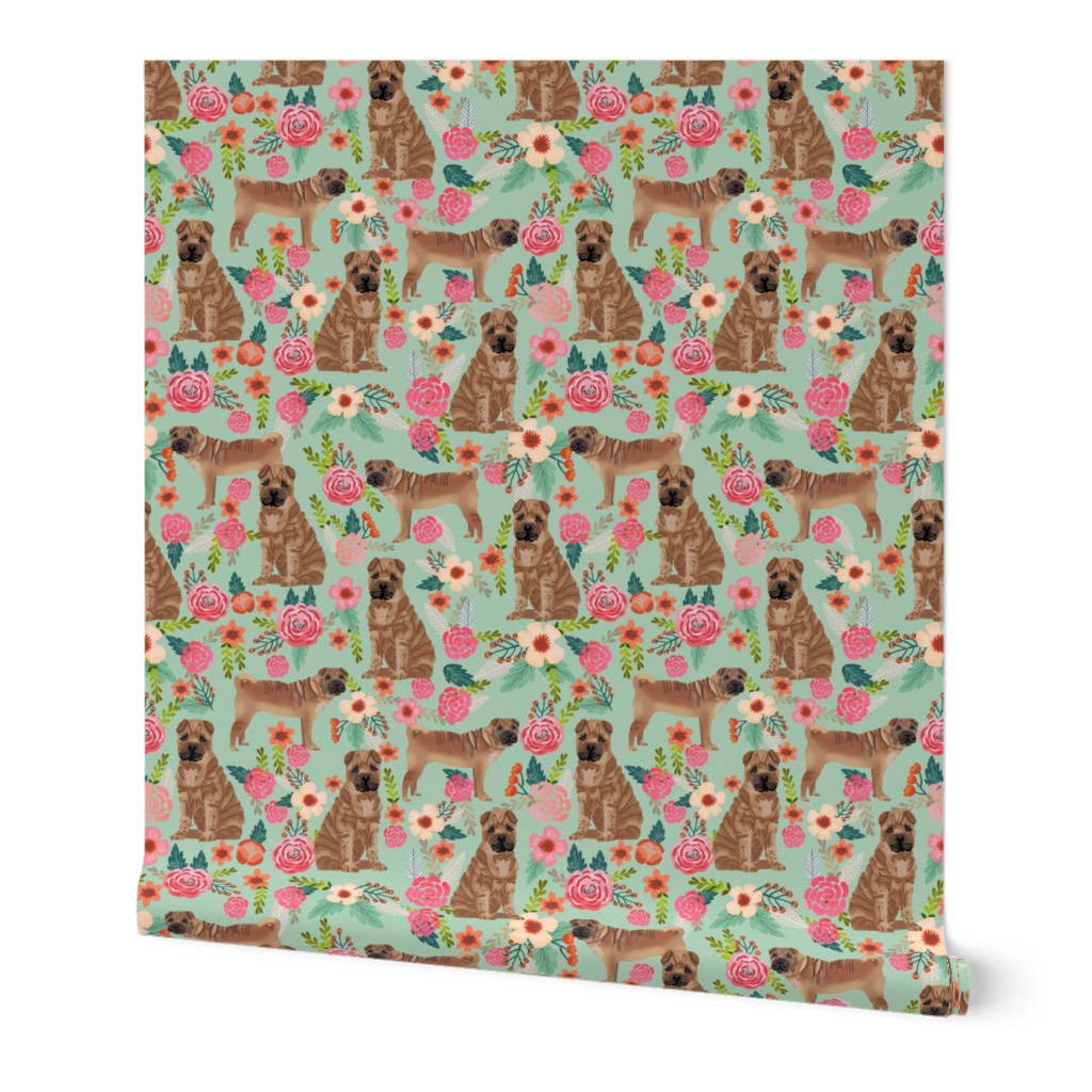 Sharpei dog fabric with florals mint