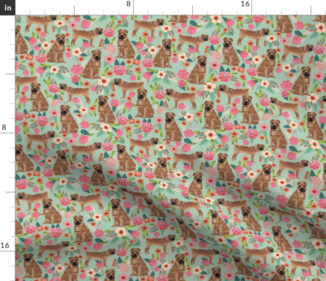 Sharpei dog fabric with florals mint