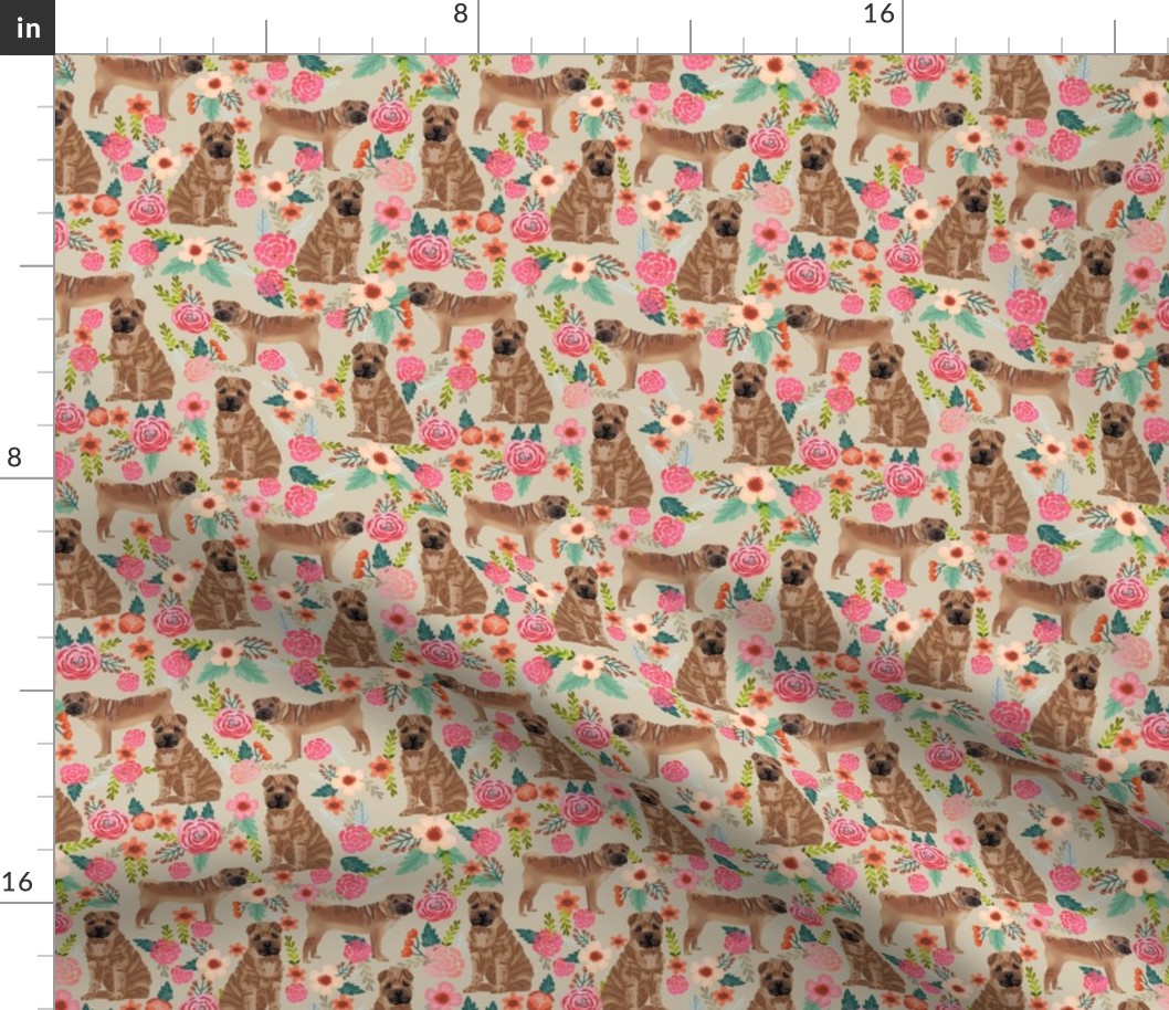 Sharpei dog fabric with florals sand