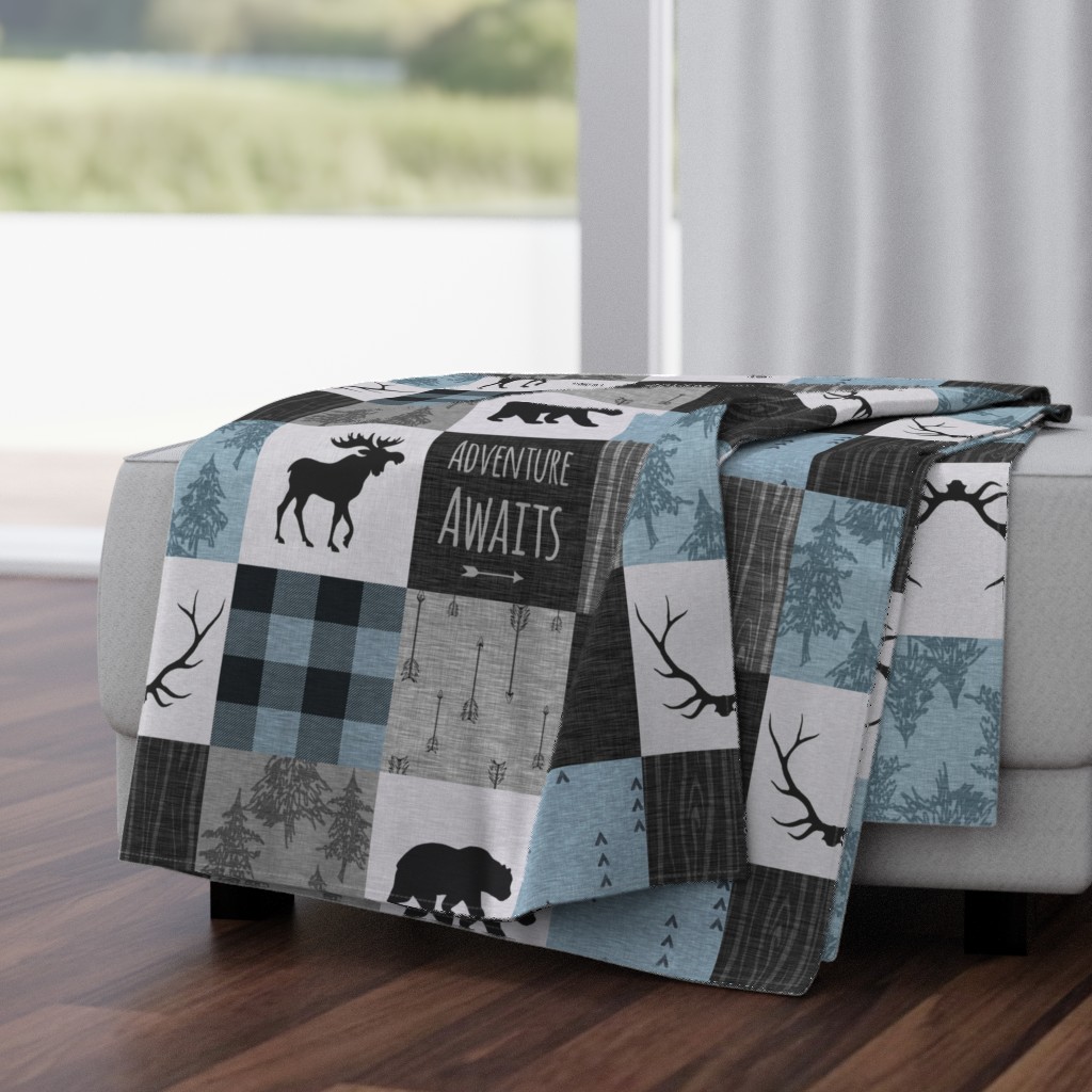 Adventure Awaits Quilt- Soft Blue, Black And Grey