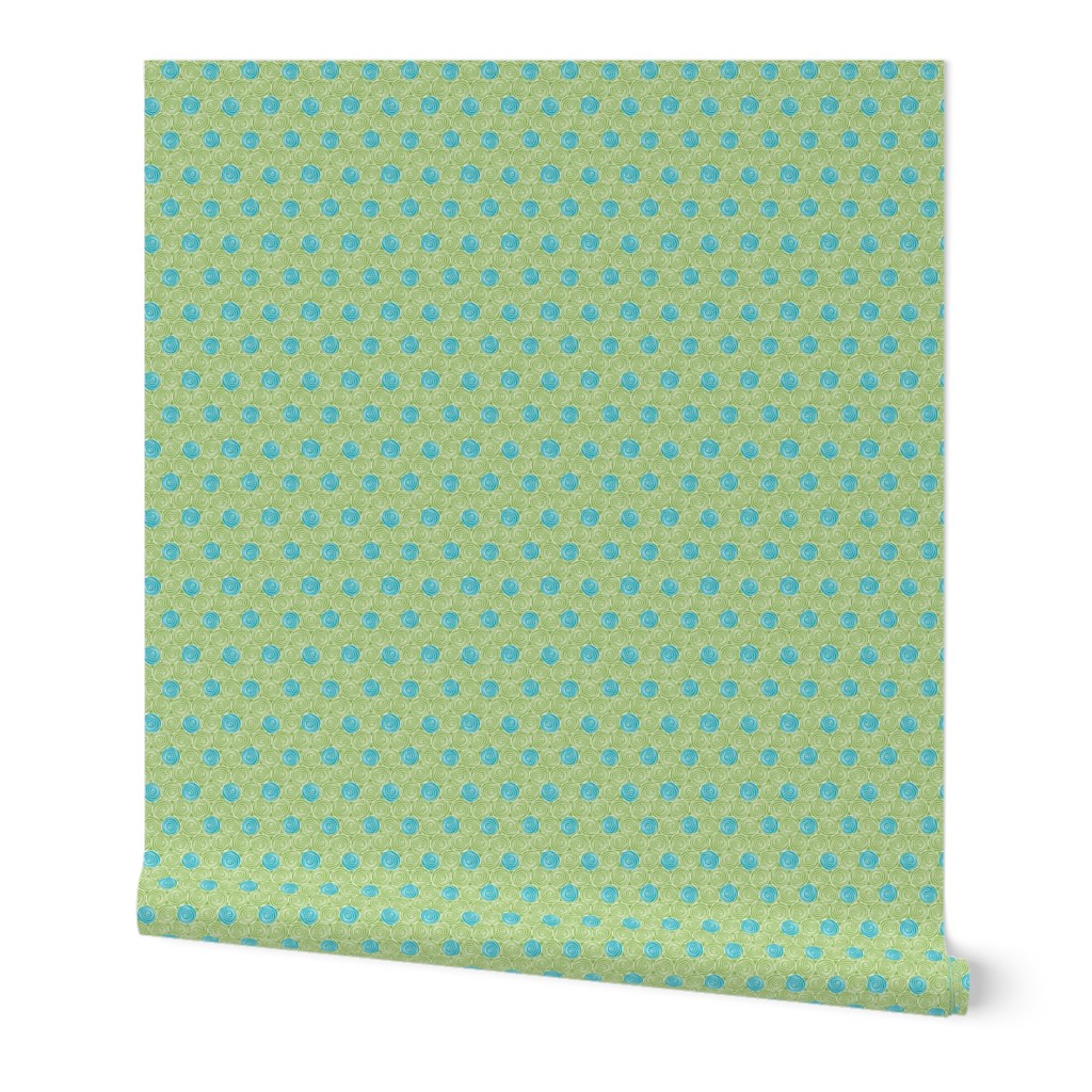 Doodle Spirals - Sewing Swatches Green with Turquoise Dots