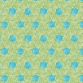 Doodle Spirals - Sewing Swatches Green with Turquoise Dots