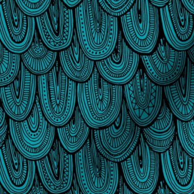 Doodle Scales - Sewing Swatches Black on Turquoise