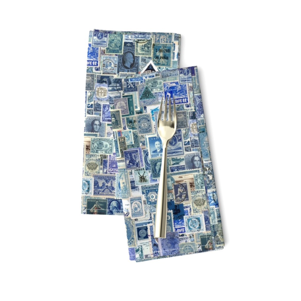 blue postage stamp collage, seamless repeat