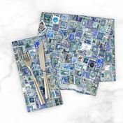 blue postage stamp collage, seamless repeat