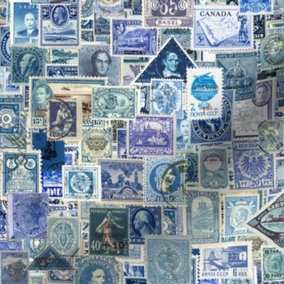 blue postage stamp collage, seamless repeat