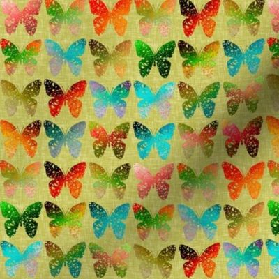 Colorful butterflies on yellowy-green linen weave by Su_G_©SuSchaefer